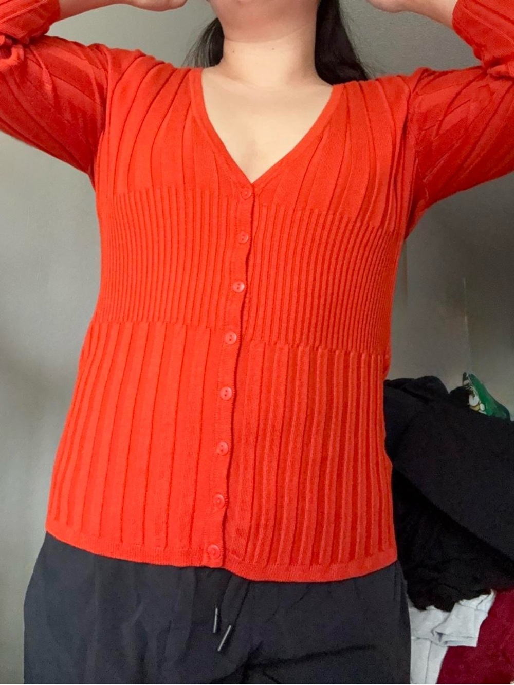 Vintage Orange V-Neck Button Ribbed Cardigan